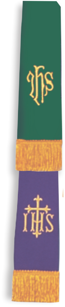 Green, purple, and gold stole with 'IHS' symbol