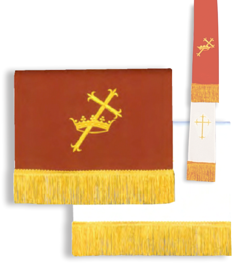 Red stole with yellow cross design on a white background