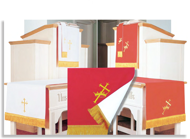 Collage of church altar cloths with red, white, and gold colors.