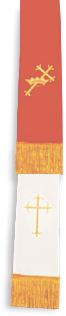 Red, white, and gold stole with cross designs on a red background