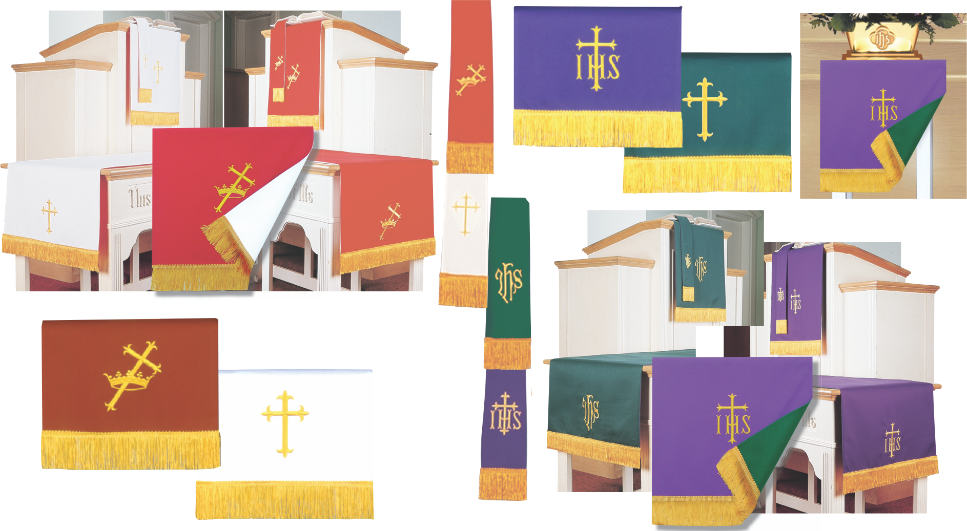 Collection of liturgical banners with crosses and symbols on a white background