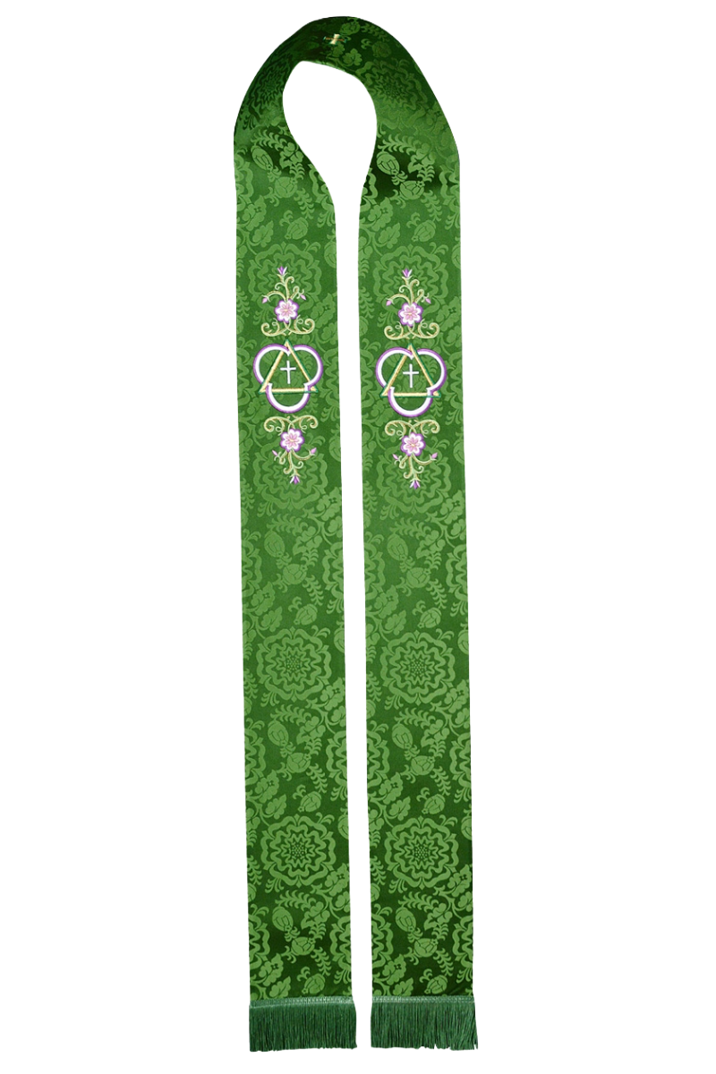 Green stole with decorative patterns on a white background