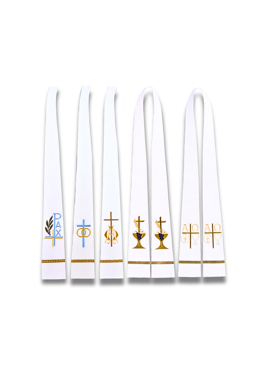 Six white priestly vestments or ceremonial sashes with gold trim and different religious emblems, arranged in a row on a plain white background.