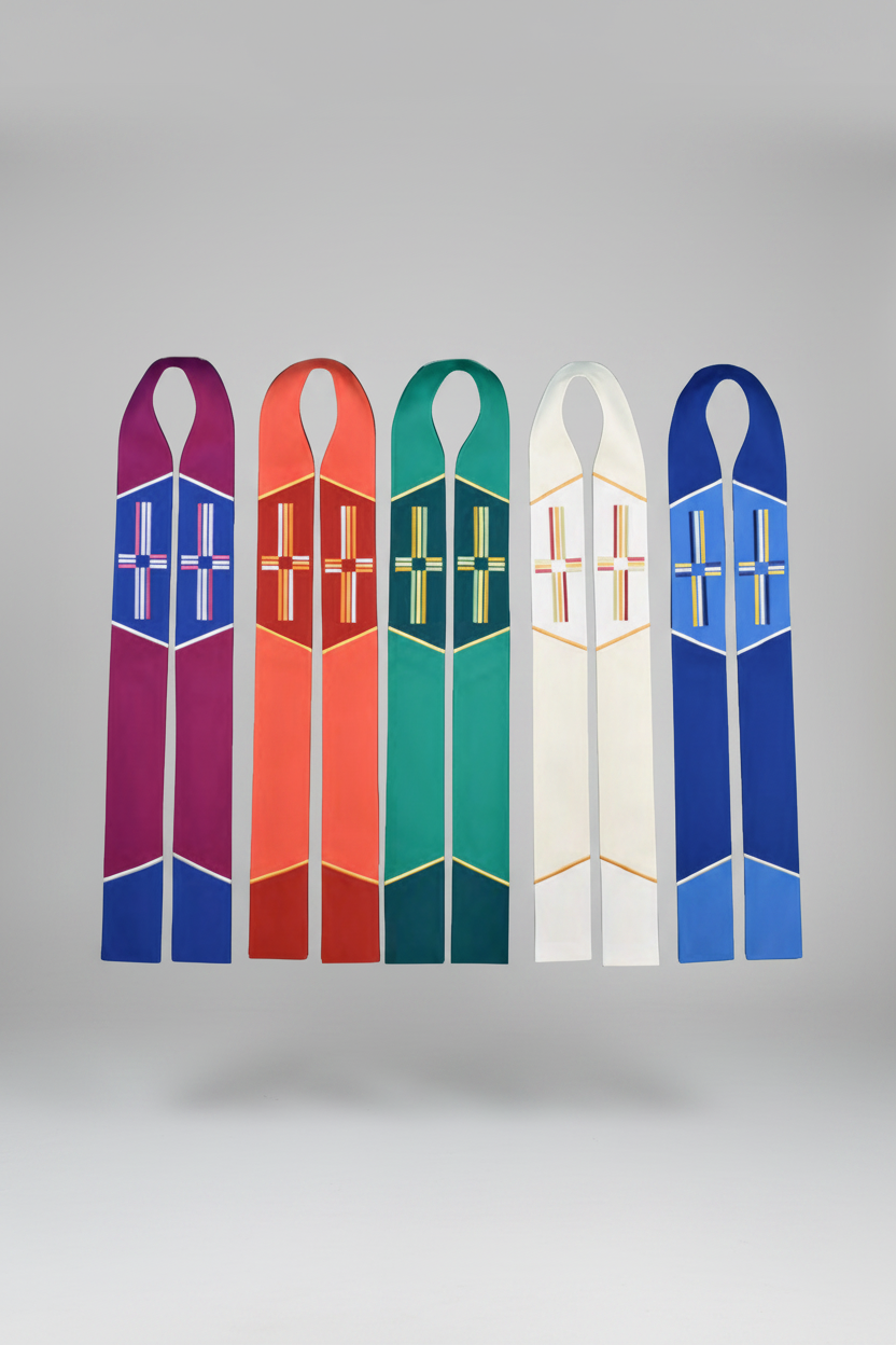 Five colorful ribbons with cross designs on a white background