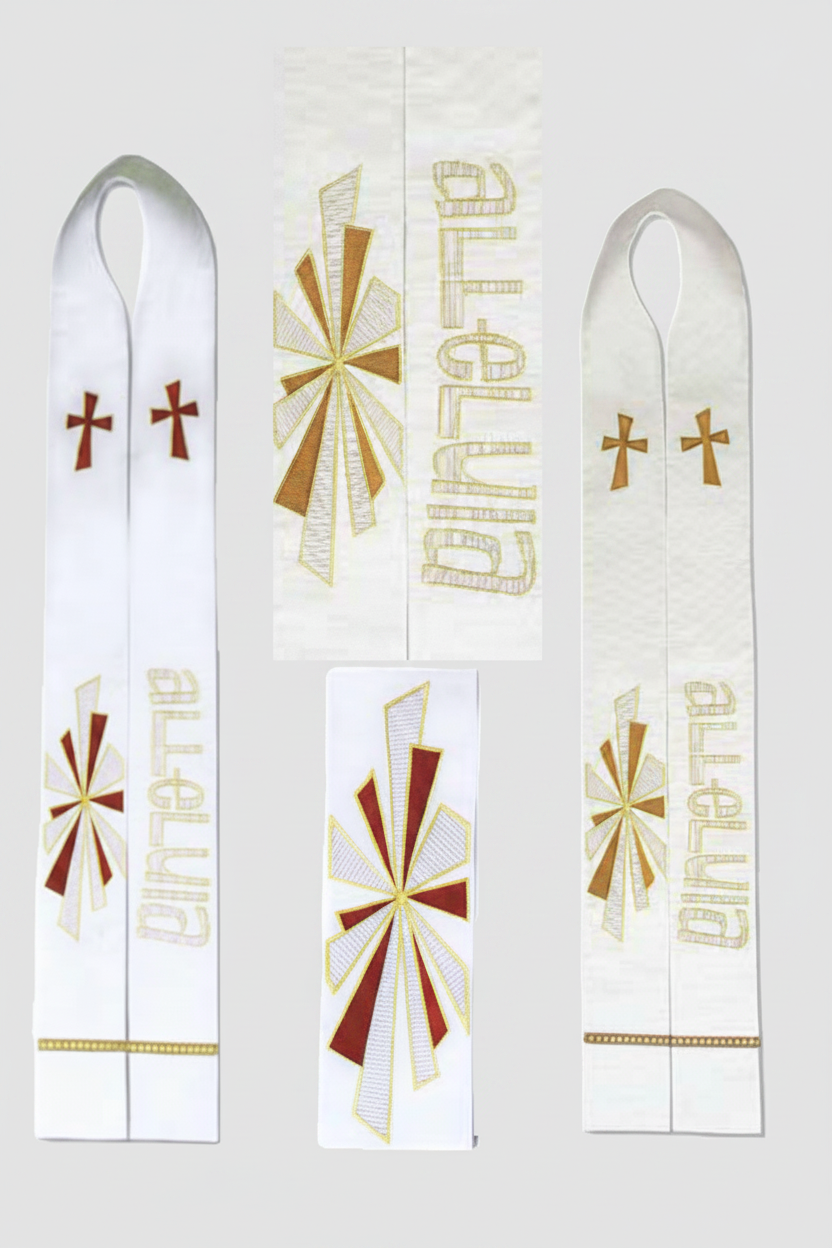 Set of white ribbons with gold and red designs and 'ALLELUIA' text on a white background