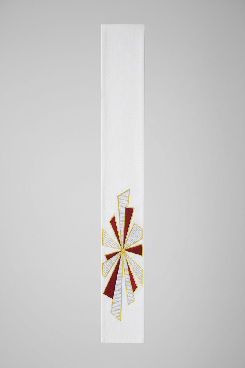 Decorative item with red and gold design on a white background