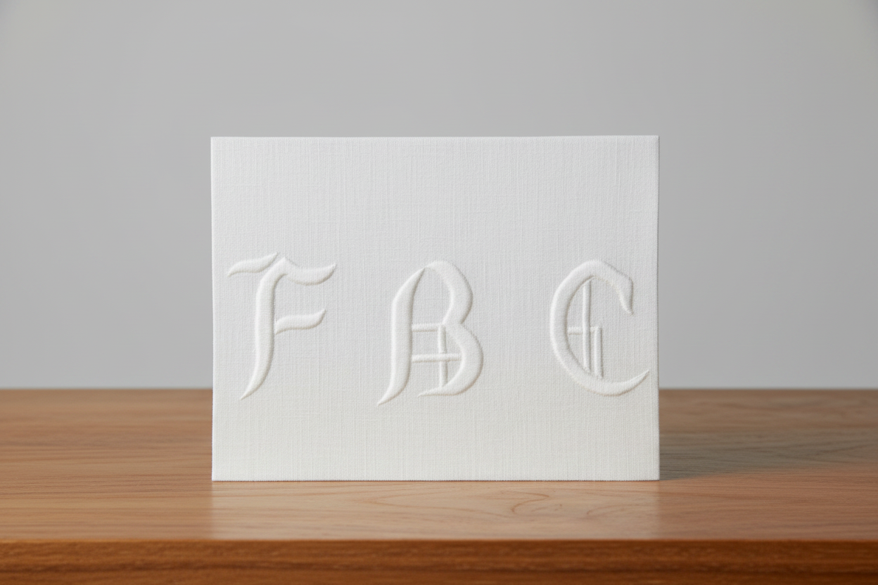 White monogram 'FBC' on a cloth napkin