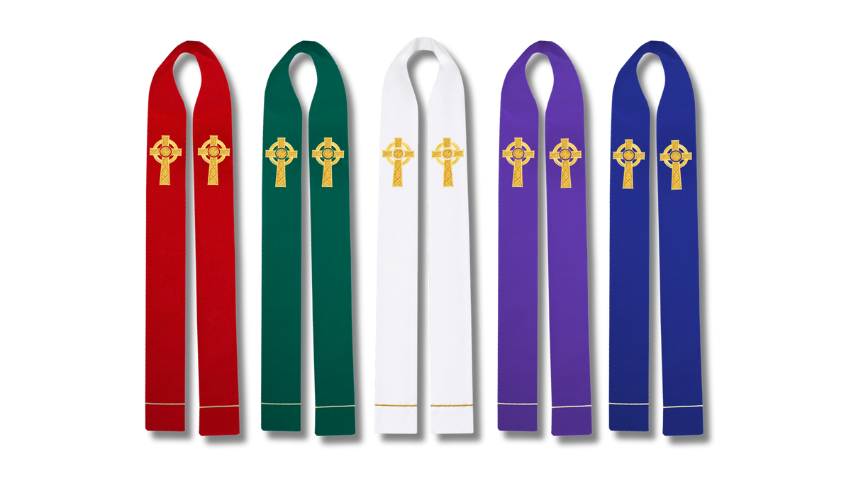 Celtic Cross clergy stoles in red, dark green, white, purple, and blue with gold embroidered crosses and gold trim on a white background.