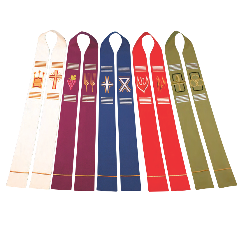 Jubilee clergy stoles in multiple liturgical colors with symbolic embroidery and gold fringe on a white background