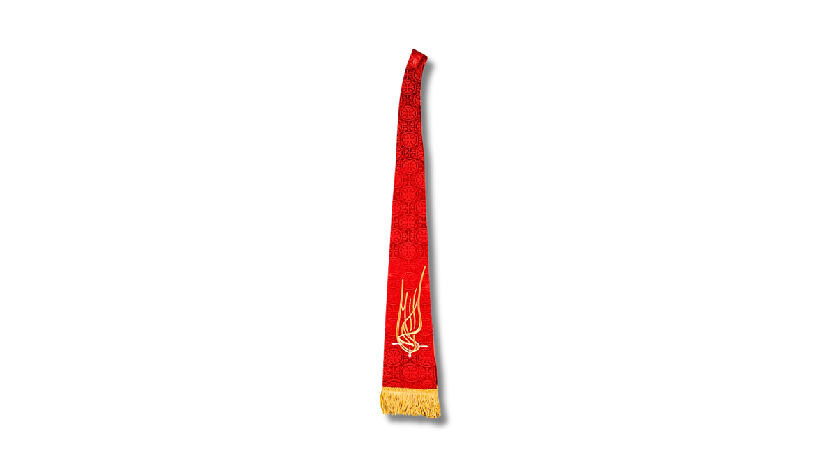 Red Royalty clergy stole with gold embroidered detailing and gold fringe on a white background