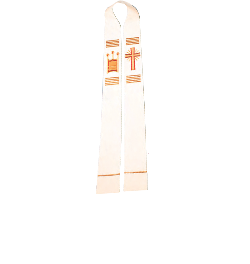 White Jubilee clergy stole with embroidered Christian symbols, white stripe detailing, and gold trim
